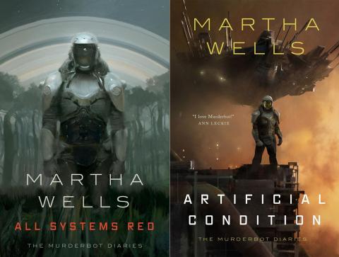 Side by side pictures of two book covers. Left image shows the cover for All Systems Red by Martha Wells. Right image shows the cover for Artificial Condition by Martha Wells.