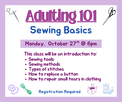 Promo image for Adulting 101 sewing basics includes details about event such as date and time.