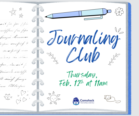 Blue journal with the text Journaling Club Thursday February 12th at 11am along with scribbles on the page