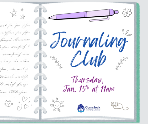 Green journal with text reading Journaling Club Thursday, January 15th at 11 am, with blue text, and lots of grey scribbles.