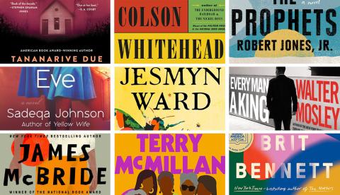 A collage of author names on book covers. Author names are Tananarive Due, Colson Whitehead, Robert Jones, Jr., Sadeqa Johnson, Jesmyn Ward, Walter Mosley, James McBride, Terry McMillan, and Brit Bennett. 