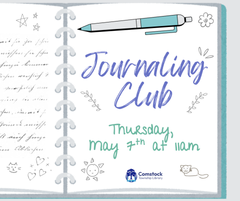 Teal journal with text reading Journaling Club Thursday, May 7th at 11 am, with lavender and green text, and lots of grey scribbles.