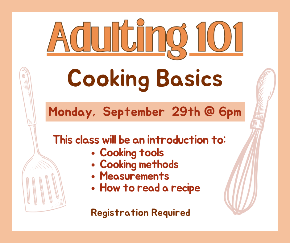 Promo image for Adulting 101 cooking basics includes details about event such as date and time.