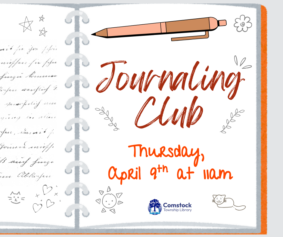 Image of orange journal with text that reads: Journaling Club Thursday April 9th at 11am