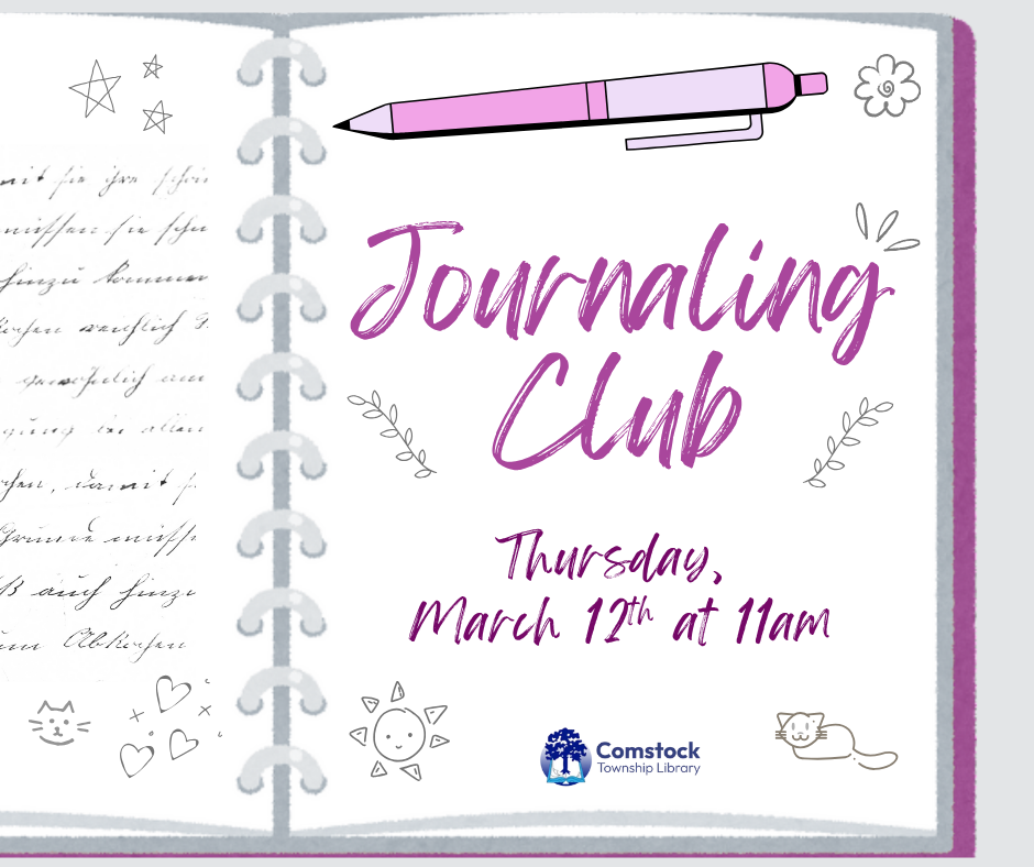Image of purple journal that reads: Journaling Club Thursday March 12th at 11am